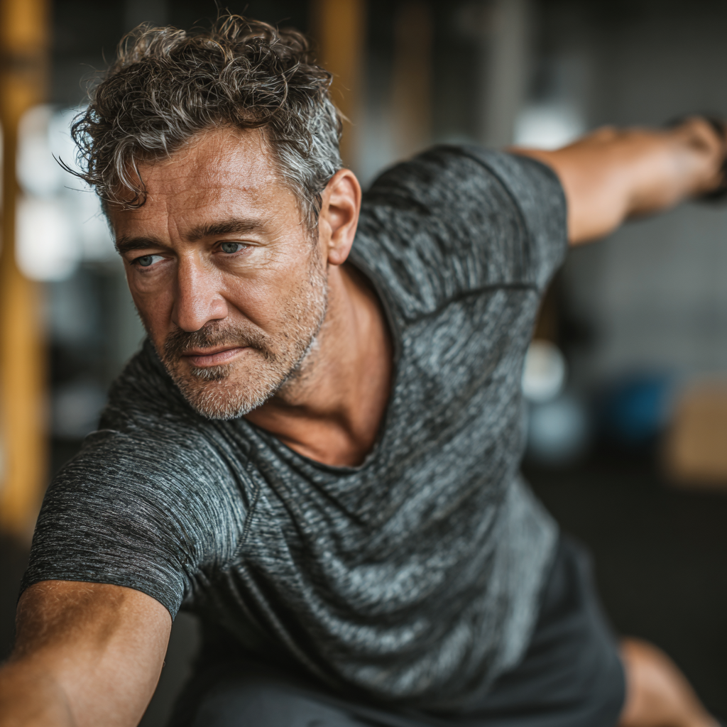 Mature athletic man in his early 50s stretching and warming up before workout in bright fitness studio, demonstrating proper form and flexibility